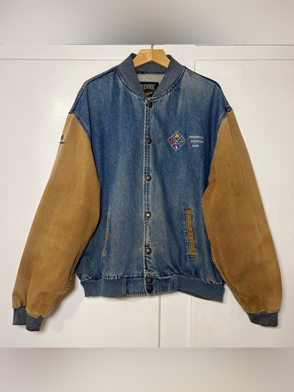 Vintage 90s Rennoc Classic Denim Bomber Jacket Applied Materials ERT Embroidery
